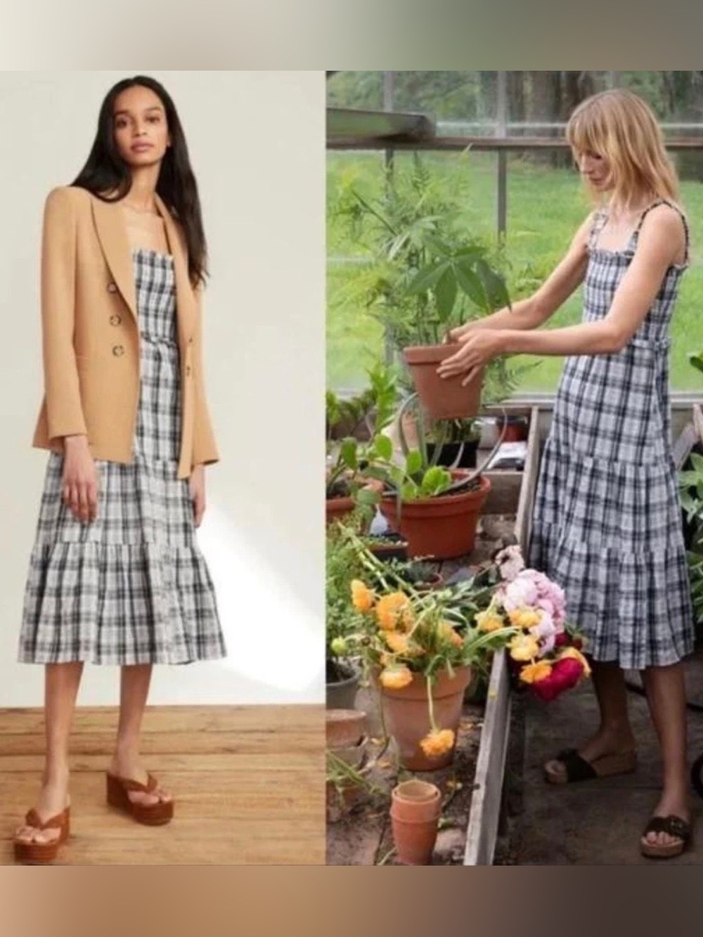 Veronica Beard Ziada Smocked  Plaid Midi Dress in Black White Tiered size 10